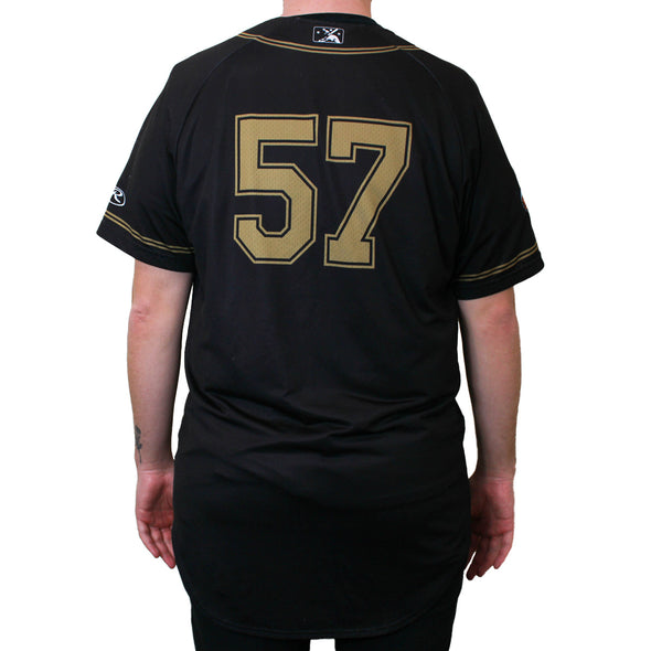 BLACK AND GOLD JERSEY #57 SIZE 44-L, SACRAMENTO RIVER CATS