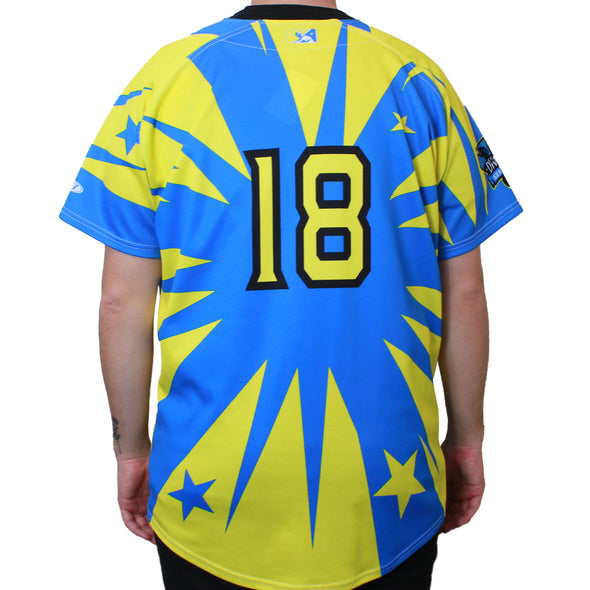 BLUE AND YELLOW DORADOS JERSEY #18 SIZE 48-XL, SACRAMENTO RIVER CATS