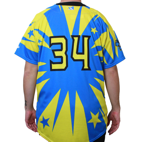 BLUE AND YELLOW DORADOS JERSEY #34 SIZE 48-XL, SACRAMENTO RIVER CATS