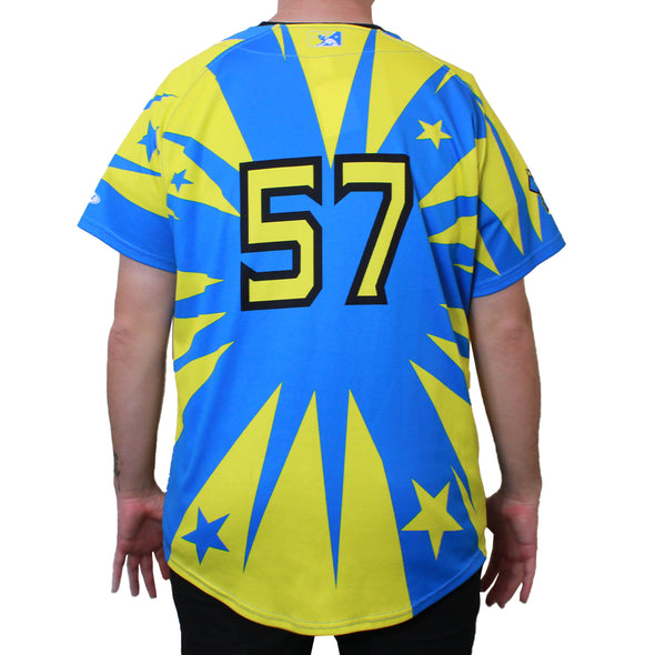 BLUE AND YELLOW DORADOS JERSEY #57 SIZE 46-L, SACRAMENTO RIVER CATS