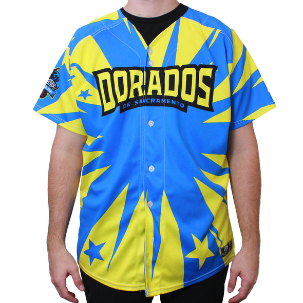 BLUE AND YELLOW DORADOS JERSEY #57 SIZE 46-L, SACRAMENTO RIVER CATS